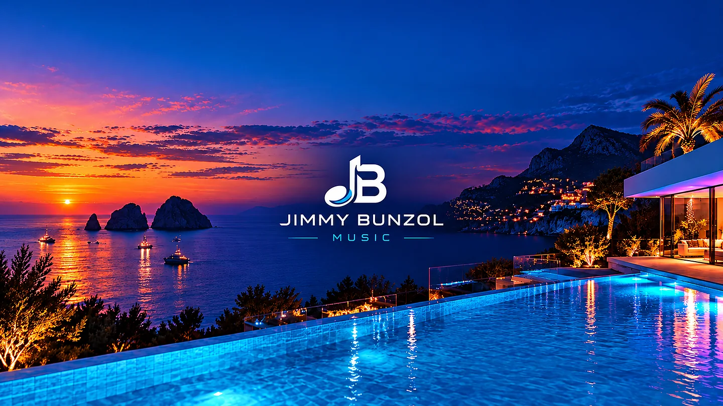 Jimmy Bunzol Music: a sunset over the sea beside a glowing infinity pool